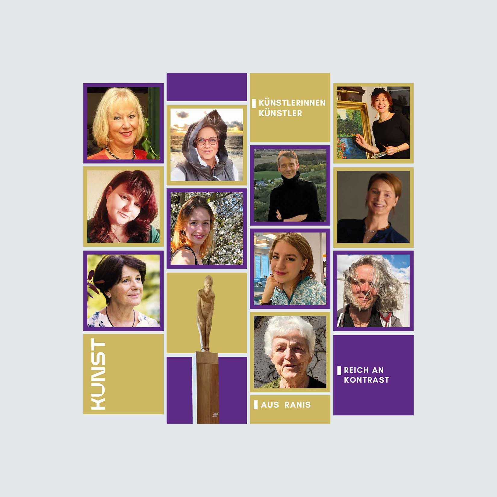 Collage mit Porträts der Künstlerinnen und Künstler der Ausstellung 'Kunst aus Ranis – Reich an Kontrast', ergänzt durch eine Skulptur und eingerahmt in kräftigen Violett- und Goldtönen.