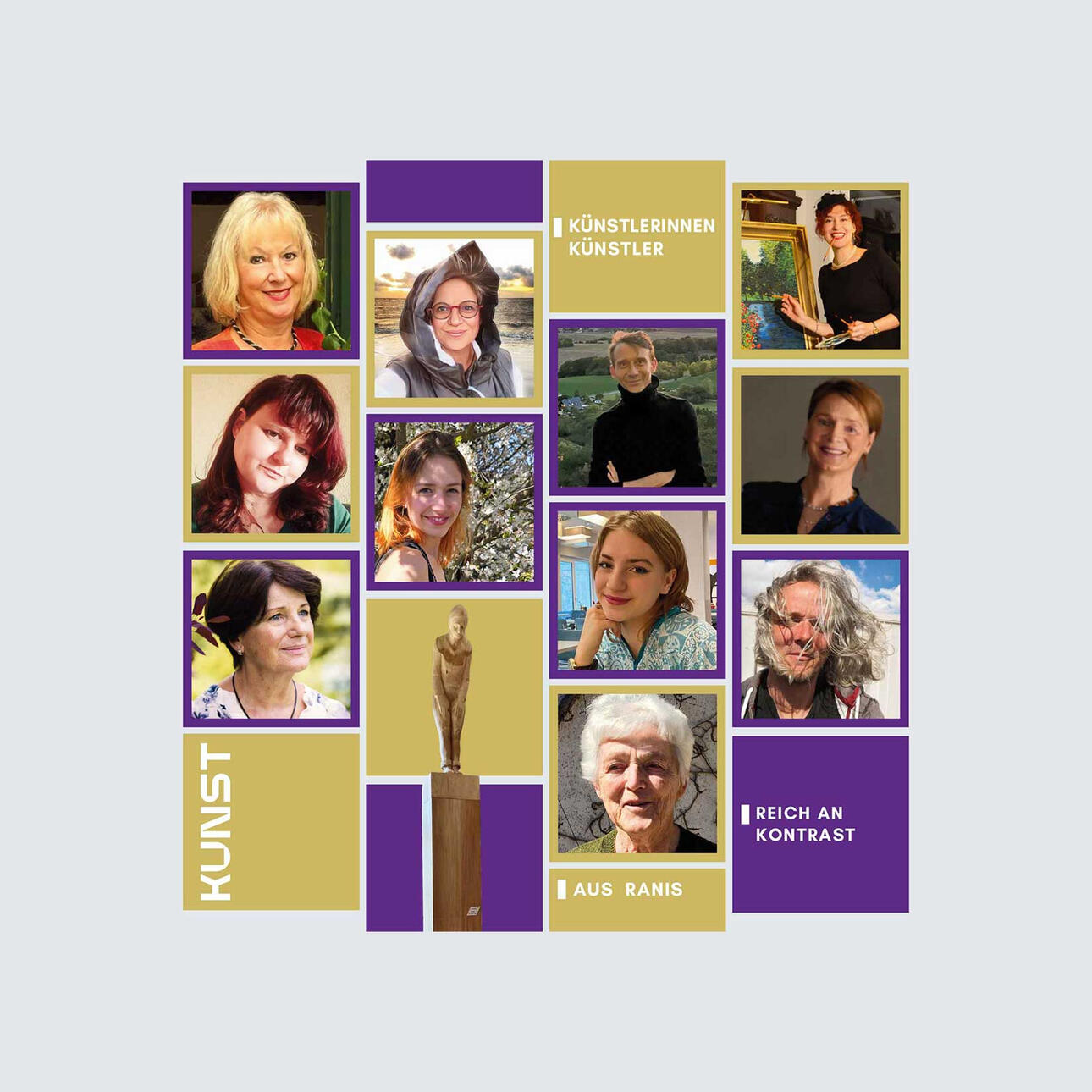 Künstlerinnen und Künstler Collage mit Porträts der Künstlerinnen und Künstler der Ausstellung 'Kunst aus Ranis – Reich an Kontrast', ergänzt durch eine Skulptur und eingerahmt in kräftigen Violett- und Goldtönen.