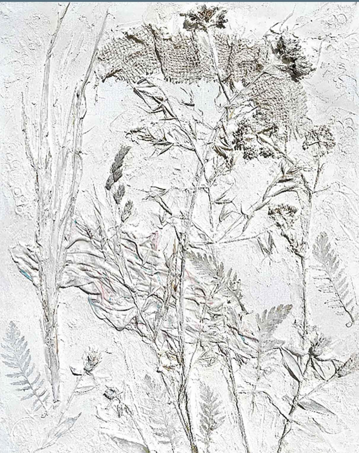 Feinstrukturierte Collage aus getrockneten Gräsern und Blättern, eingebettet in eine helle, strukturierte Oberfläche. Naturmaterialien wirken wie fossilartige Abdrücke. Werk von Anni Steinbacher.