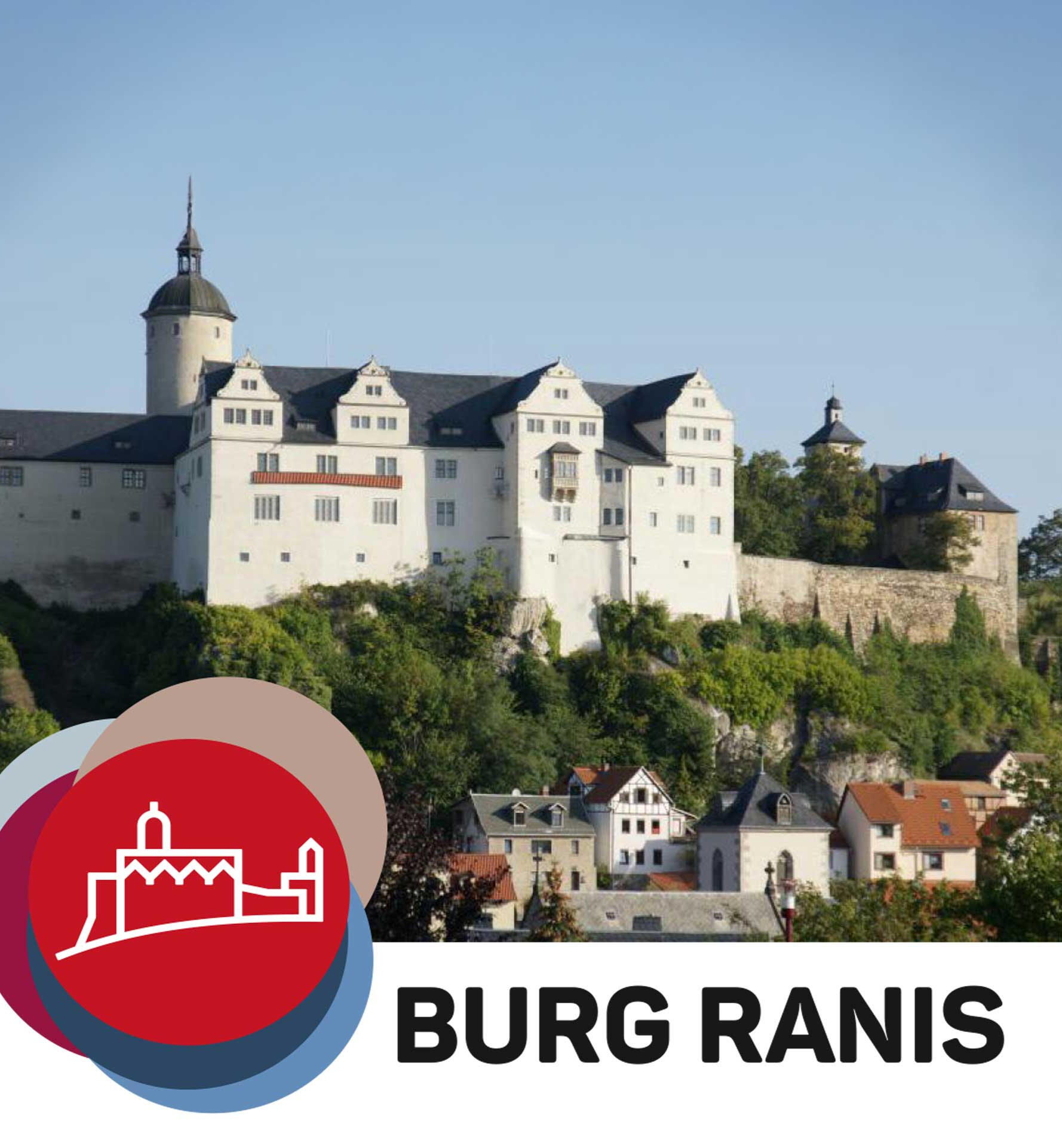 Burg Ranis Burgstadt Ranis und rundes Logo Museum Burg Ranis