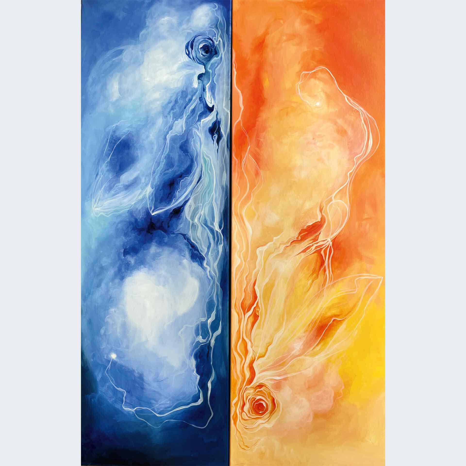 Wolkenlibelle Zweiteiliges abstraktes Gemälde mit fließenden Formen: linke Bildhälfte in kühlen Blautönen, rechte in warmen Orange- und Gelbtönen. Organische Linien verbinden die Farbflächen, inspiriert von Wasser- und Feuerenergie. Werk von Vanessa Puring.