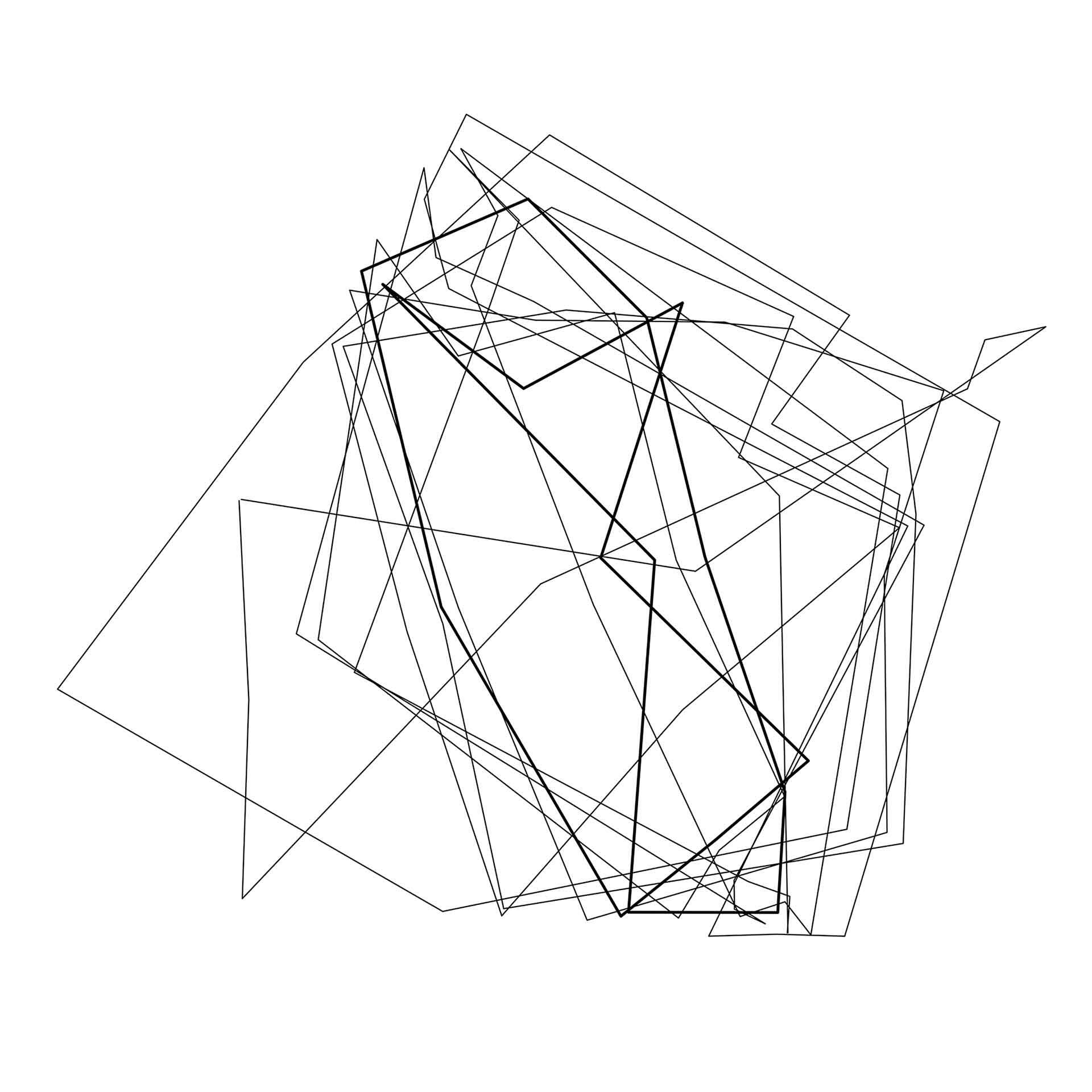 Digitale Zeichnung aus sich überlagernden, unregelmäßigen schwarzen Linien und Polygonen auf weißem Hintergrund. Abstrakte Komposition mit dynamischer Struktur.