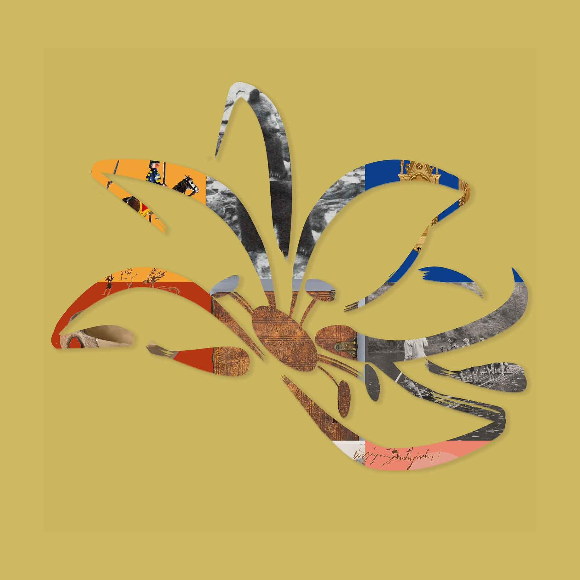 Abstrakte Lilienform als Collage gestaltet, zusammengesetzt aus verschiedenen farbigen Motiven und historischen Elementen auf einem warmen gelben Hintergrund.